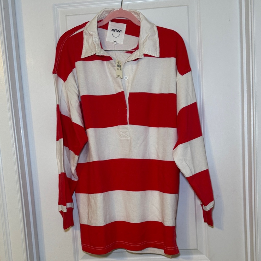 Aerie bright Red and White Striped Rugby top